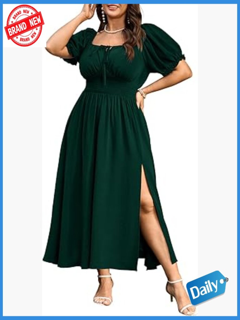 Plus Size Maxi Dress Short Sleeve Square Neck Tie Front Split A-Line Flowy